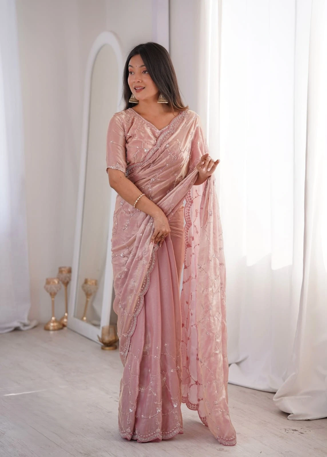 Two Tone Fandy Silk with Heavy Real Beads Moti and Threads C Pallu Work Saree